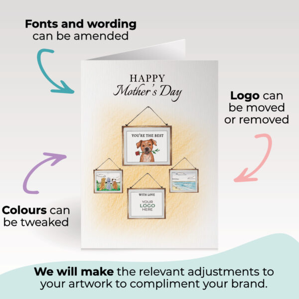 Happy Mothers Day corporate greeting card showing dogs and picture frames hand-illustrated customisable with company logo and branding colours