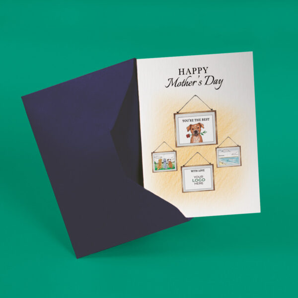 Happy Mothers Day corporate greeting card showing dogs and picture frames hand-illustrated customisable with company logo and branding colours