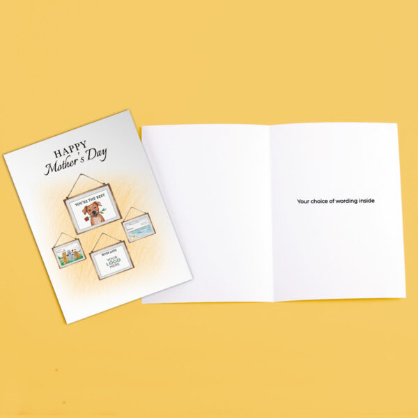 Happy Mothers Day corporate greeting card showing dogs and picture frames hand-illustrated customisable with company logo and branding colours