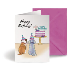 Happy Birthday corporate greeting card showing dogs and a cake hand-illustrated customisable with company logo and branding colours