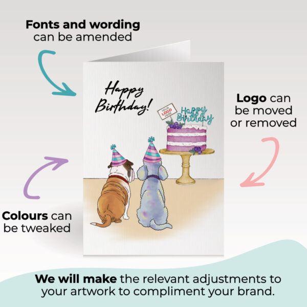 Happy Birthday corporate greeting card showing dogs and a cake hand-illustrated customisable with company logo and branding colours