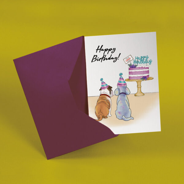 Happy Birthday corporate greeting card showing dogs and a cake hand-illustrated customisable with company logo and branding colours