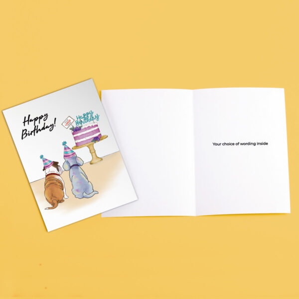 Happy Birthday corporate greeting card showing dogs and a cake hand-illustrated customisable with company logo and branding colours