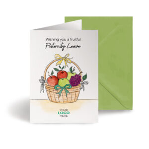 Paternity corporate greeting card featuring a stylish hand-illustrated gift basket, customisable with your company logo and brand colours.