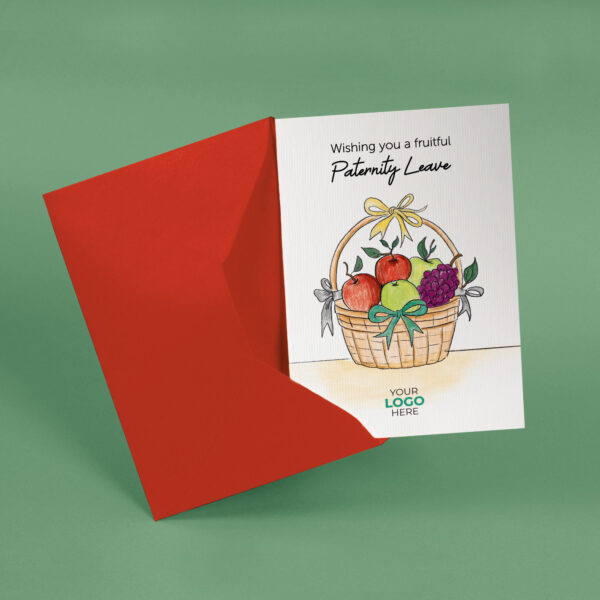 Paternity corporate greeting card featuring a stylish hand-illustrated gift basket, customisable with your company logo and brand colours.
