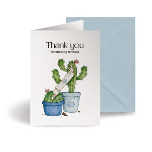 Thank you corporate greeting card featuring a stylish hand-illustrated cactus, customisable with your company logo and brand colours.