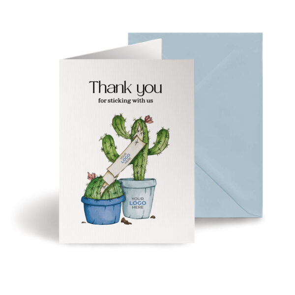 Thank you corporate greeting card featuring a stylish hand-illustrated cactus, customisable with your company logo and brand colours.