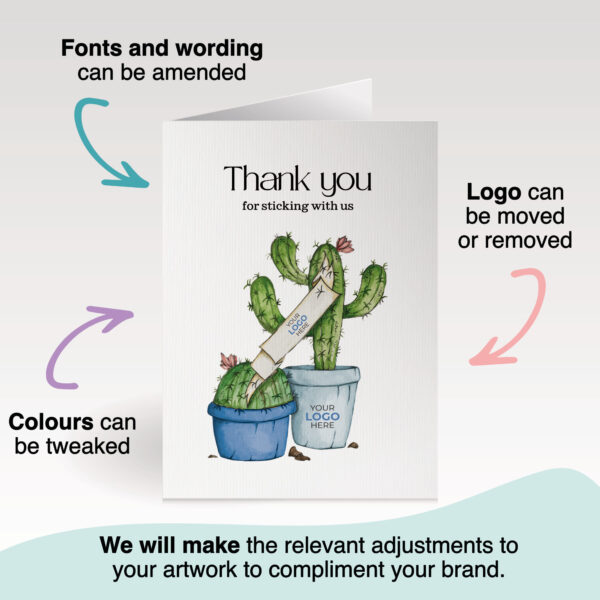 Thank you corporate greeting card featuring a stylish hand-illustrated cactus, customisable with your company logo and brand colours.