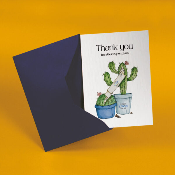 Thank you corporate greeting card featuring a stylish hand-illustrated cactus, customisable with your company logo and brand colours.