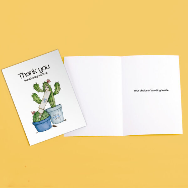Thank you corporate greeting card featuring a stylish hand-illustrated cactus, customisable with your company logo and brand colours.
