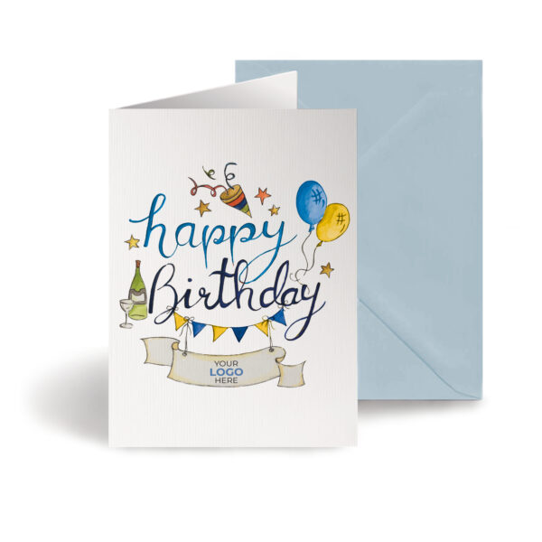 Birthday corporate greeting card featuring a stylish hand-illustrated birthday bunting, customisable with your company logo and brand colours.
