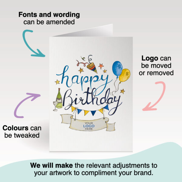 Birthday corporate greeting card featuring a stylish hand-illustrated birthday bunting, customisable with your company logo and brand colours.