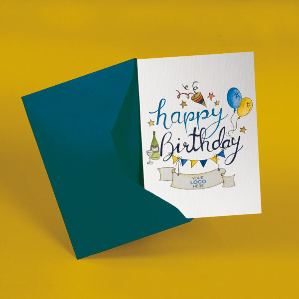 Birthday corporate greeting card featuring a stylish hand-illustrated birthday bunting, customisable with your company logo and brand colours.