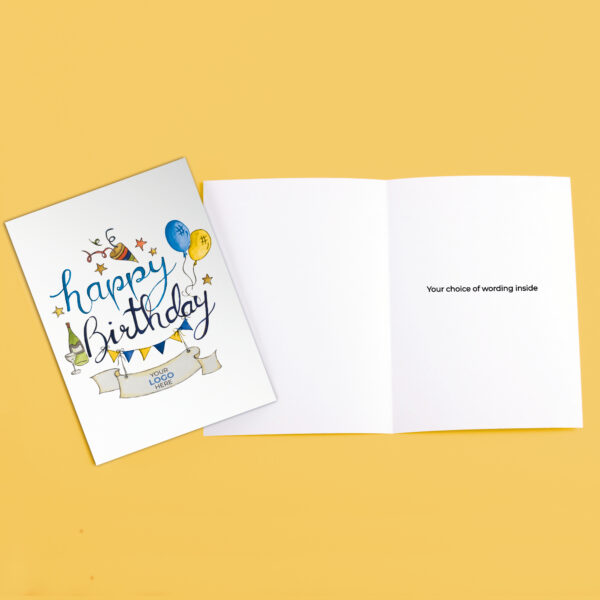 Birthday corporate greeting card featuring a stylish hand-illustrated birthday bunting, customisable with your company logo and brand colours.