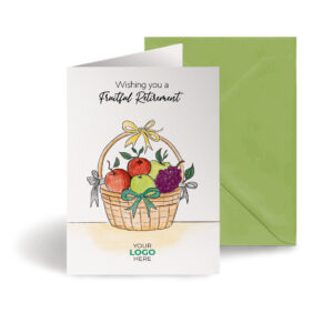 Retirement corporate greeting card featuring a stylish hand-illustrated gift basket, customisable with your company logo and brand colours.