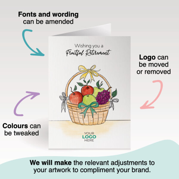 Retirement corporate greeting card featuring a stylish hand-illustrated gift basket, customisable with your company logo and brand colours.