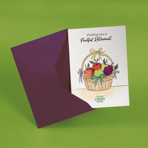 Retirement corporate greeting card featuring a stylish hand-illustrated gift basket, customisable with your company logo and brand colours.