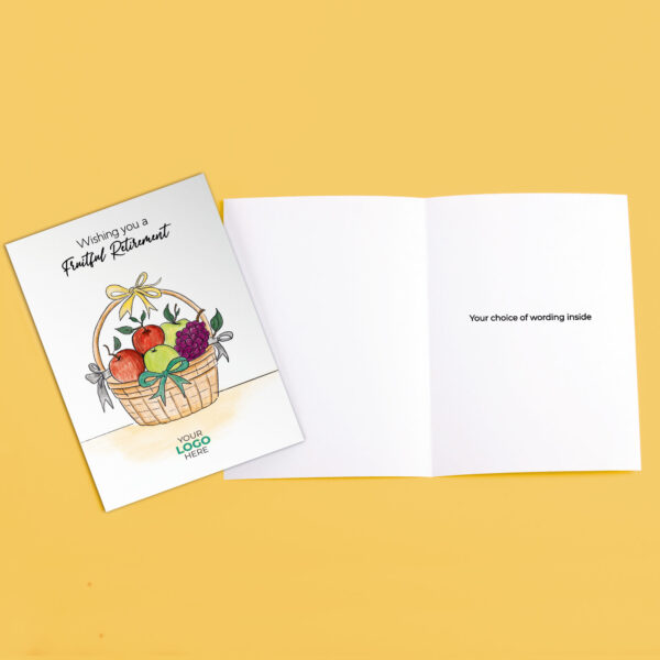 Retirement corporate greeting card featuring a stylish hand-illustrated gift basket, customisable with your company logo and brand colours.