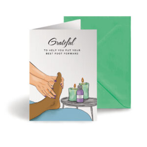 Thank you reflexology corporate greeting card showing a foot masage hand-illustrated customisable with company logo and branding colours