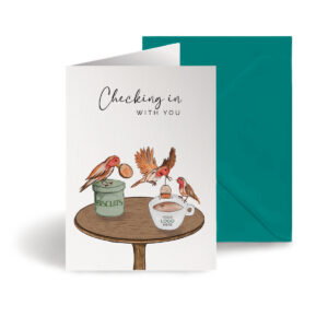 Checking in with you corporate greeting card showing birds on a table hand-illustrated customisable with company logo and branding colours