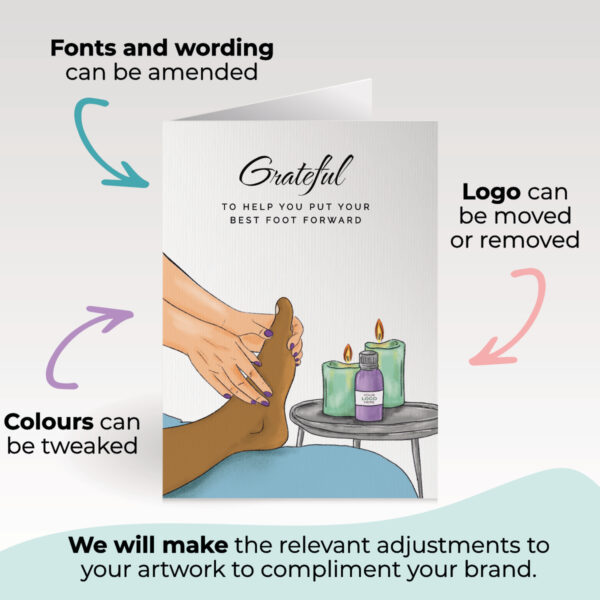 Thank you reflexology corporate greeting card showing a foot masage hand-illustrated customisable with company logo and branding colours