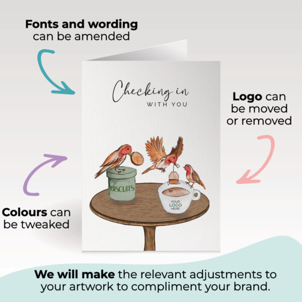 Checking in with you corporate greeting card showing birds on a table hand-illustrated customisable with company logo and branding colours