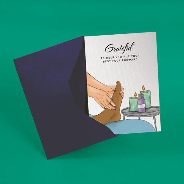 Thank you reflexology corporate greeting card showing a foot masage hand-illustrated customisable with company logo and branding colours
