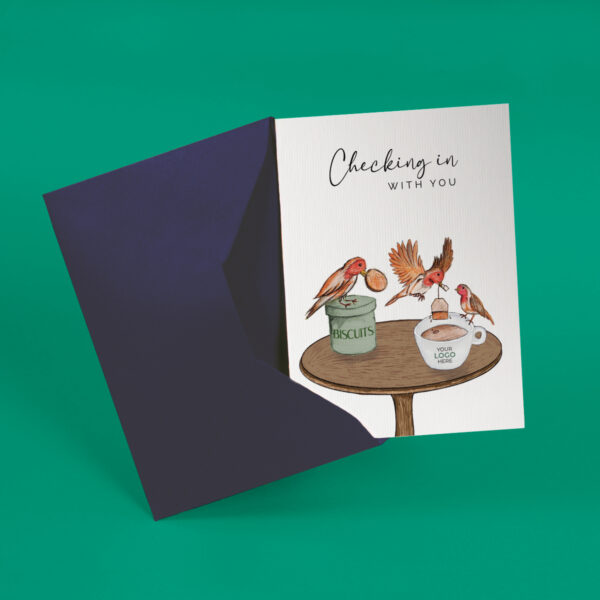 Checking in with you corporate greeting card showing birds on a table hand-illustrated customisable with company logo and branding colours