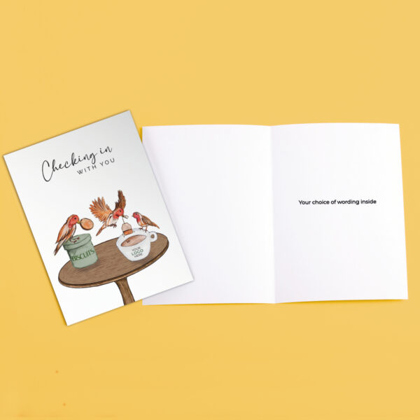 Checking in with you corporate greeting card showing birds on a table hand-illustrated customisable with company logo and branding colours