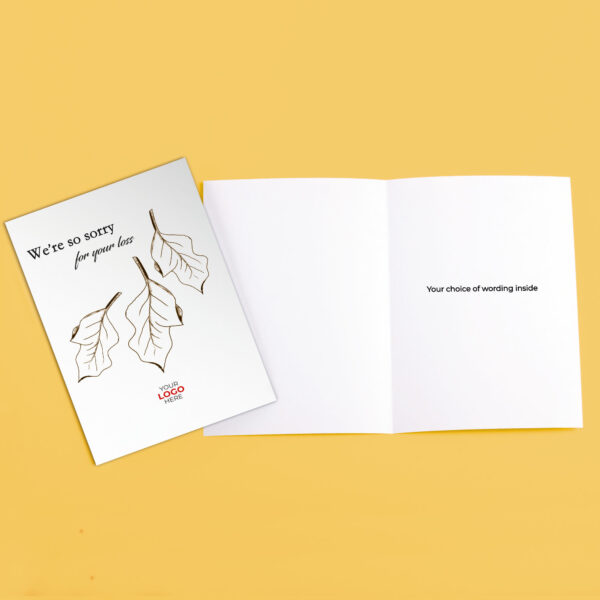 A sympathy corporate greeting card featuring falling leaves customisable with your company logo and brand colours.