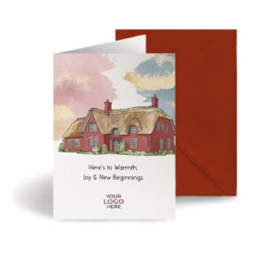 Property corporate greeting card featuring a stylish hand-illustrated cottage house, customisable with your company logo and brand colours.