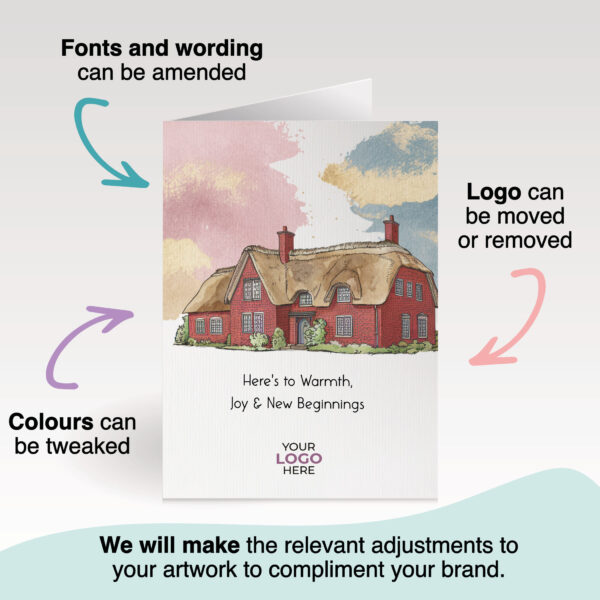 Property corporate greeting card featuring a stylish hand-illustrated cottage house, customisable with your company logo and brand colours.