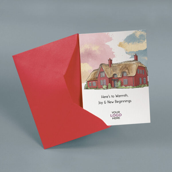 Property corporate greeting card featuring a stylish hand-illustrated cottage house, customisable with your company logo and brand colours.