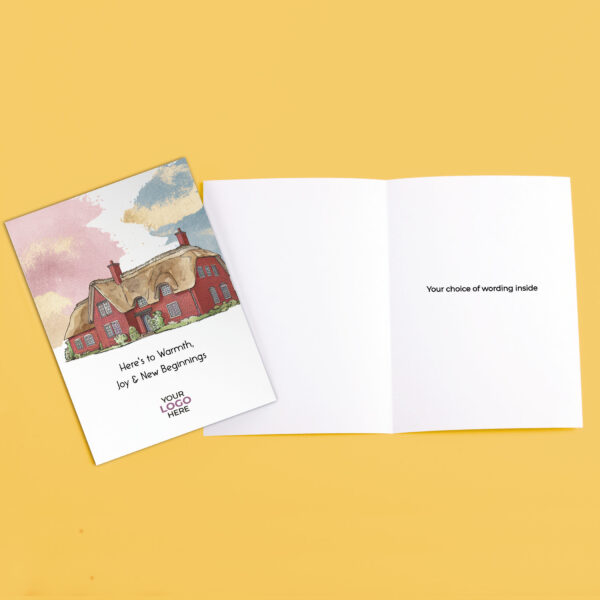 Property corporate greeting card featuring a stylish hand-illustrated cottage house, customisable with your company logo and brand colours.