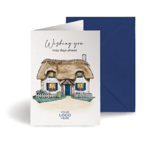 Property corporate greeting card featuring a stylish hand-illustrated cottage house, customisable with your company logo and brand colours.