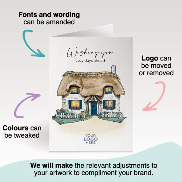 Property corporate greeting card featuring a stylish hand-illustrated cottage house, customisable with your company logo and brand colours.