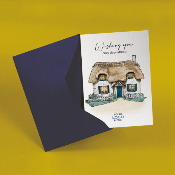 Property corporate greeting card featuring a stylish hand-illustrated cottage house, customisable with your company logo and brand colours.