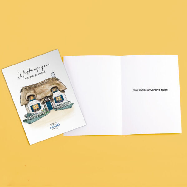 Property corporate greeting card featuring a stylish hand-illustrated cottage house, customisable with your company logo and brand colours.