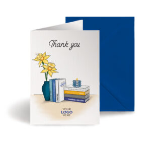 Thank you corporate greeting card featuring a stylish vase and books customisable with your company logo and brand colours.