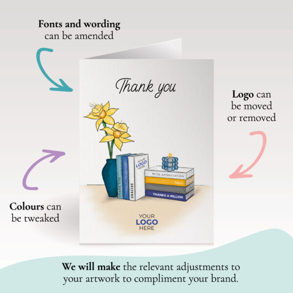 Thank you corporate greeting card featuring a stylish vase and books customisable with your company logo and brand colours.