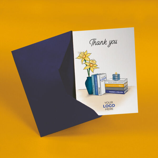 Thank you corporate greeting card featuring a stylish vase and books customisable with your company logo and brand colours.