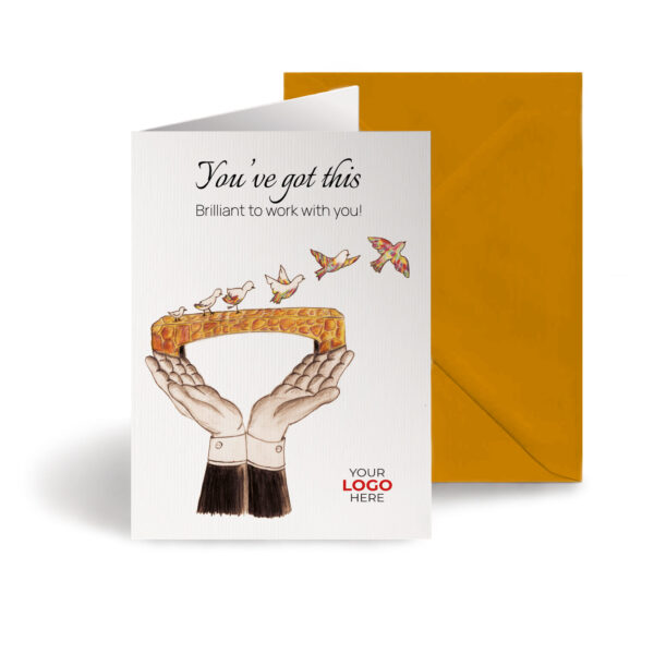 Coaching corporate greeting card featuring a stylish bird bridge customisable with your company logo and brand colours.