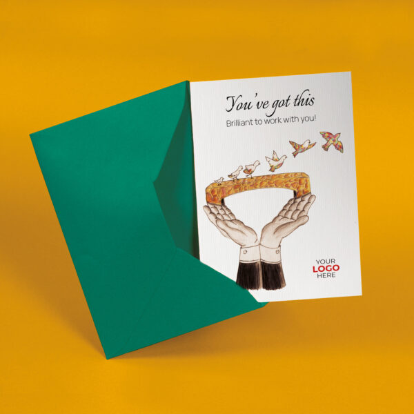 Coaching corporate greeting card featuring a stylish bird bridge customisable with your company logo and brand colours.