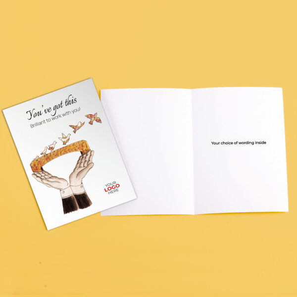 Coaching corporate greeting card featuring a stylish bird bridge customisable with your company logo and brand colours.