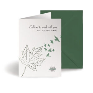 Coaching corporate greeting card featuring a stylish flying leaf customisable with your company logo and brand colours.