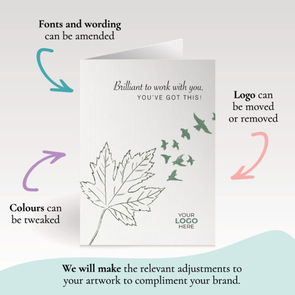 Coaching corporate greeting card featuring a stylish flying leaf customisable with your company logo and brand colours.