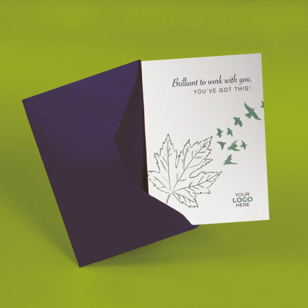 Coaching corporate greeting card featuring a stylish flying leaf customisable with your company logo and brand colours.