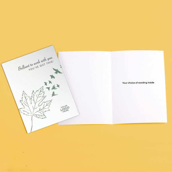 Coaching corporate greeting card featuring a stylish flying leaf customisable with your company logo and brand colours.