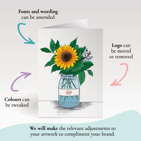 A blank corporate greeting card featuring a stylish sunflower customisable with your company logo and brand colours.