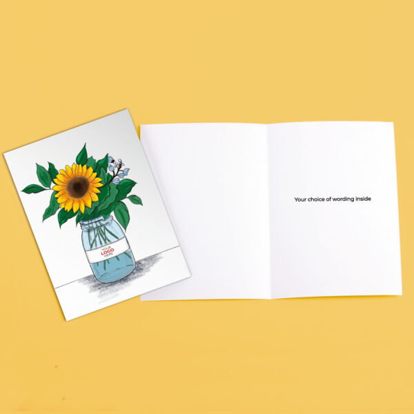 A blank corporate greeting card featuring a stylish sunflower customisable with your company logo and brand colours.